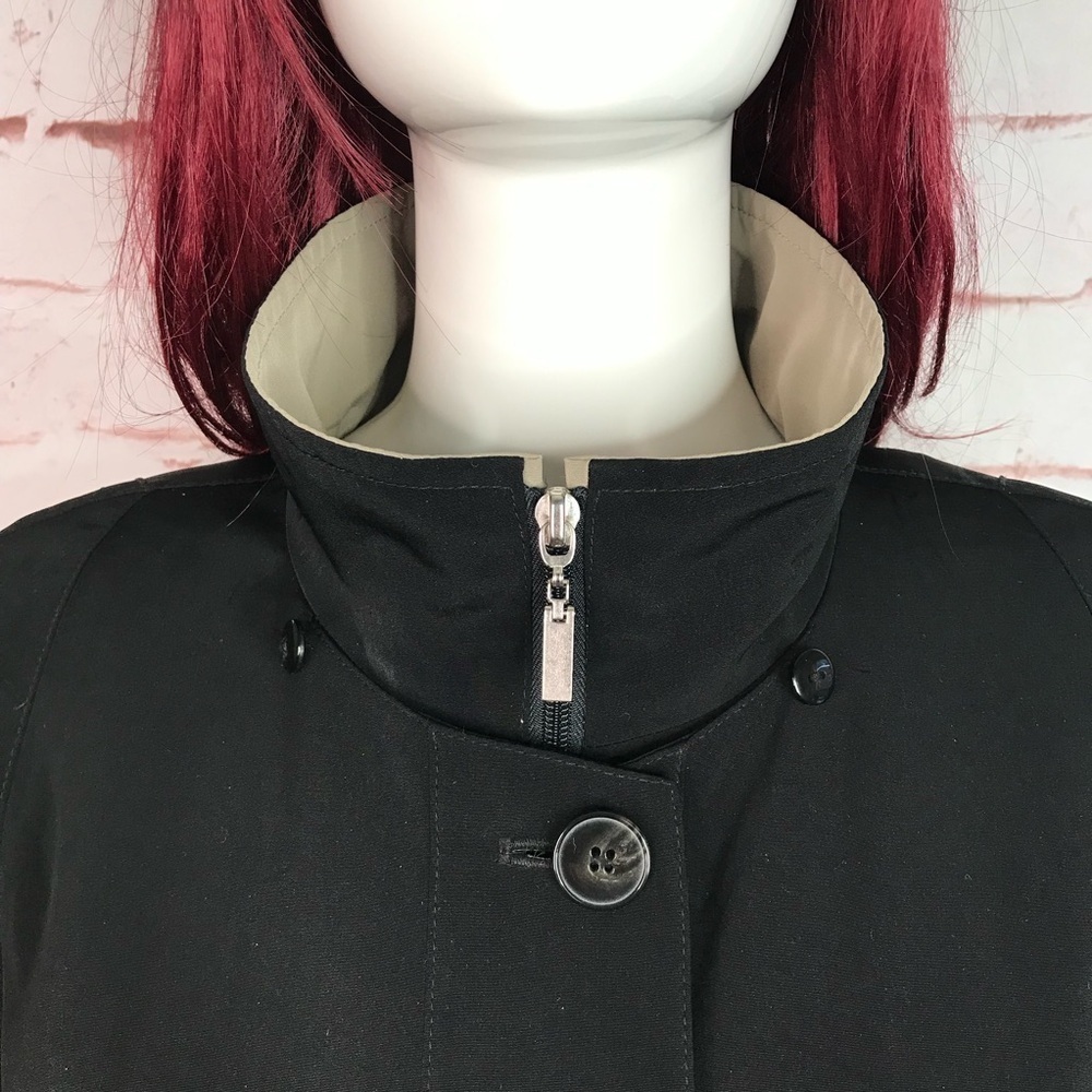 GALLERY Black & Taupe Trench Coat Raincoat detach Hood Size Medium 37” Length - Picture 7 of 16